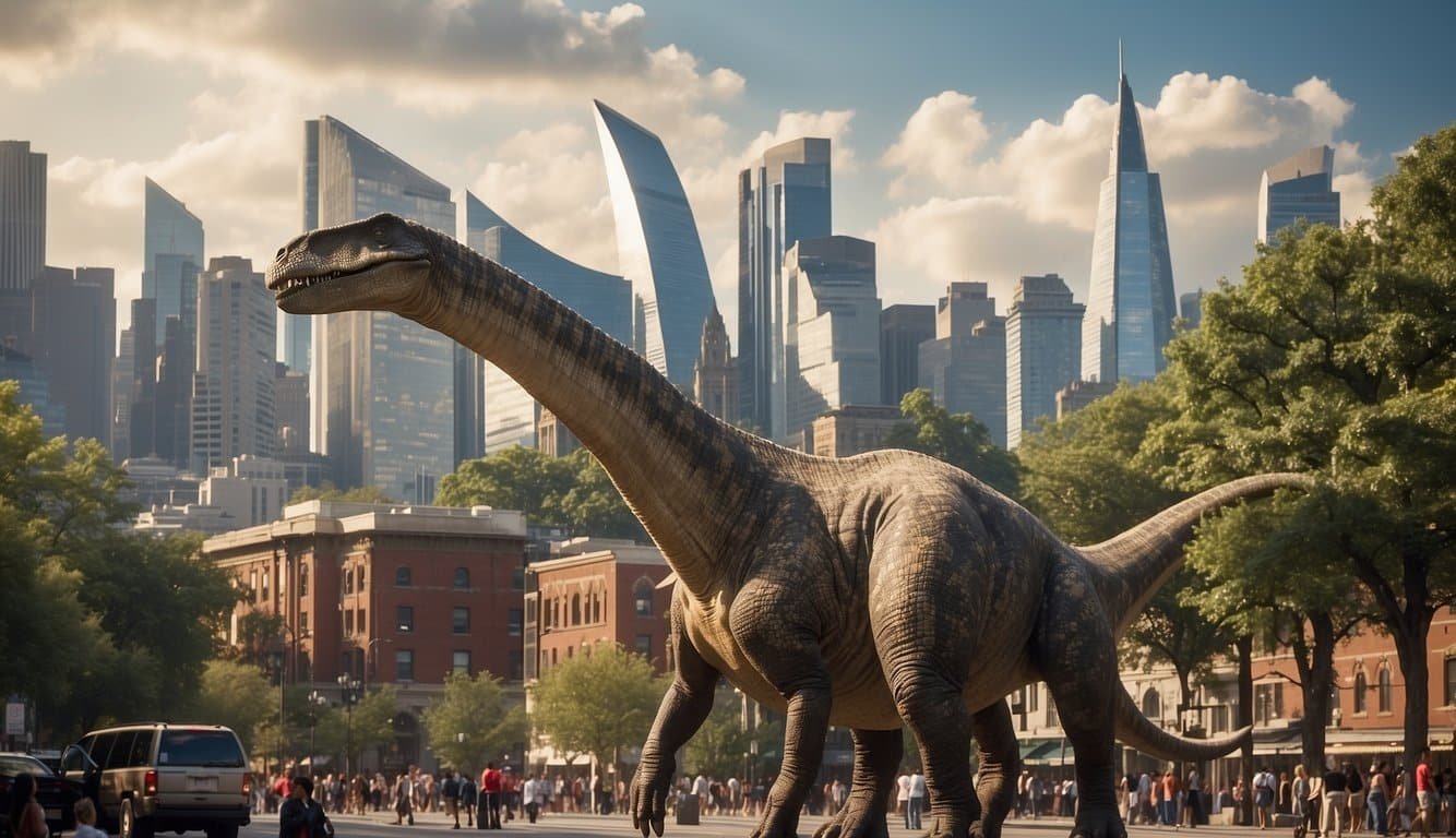 A brachiosaurus towers over a bustling city, capturing the awe and curiosity of onlookers.</p><p>Its massive presence symbolizes the cultural and scientific impact of prehistoric creatures on modern society