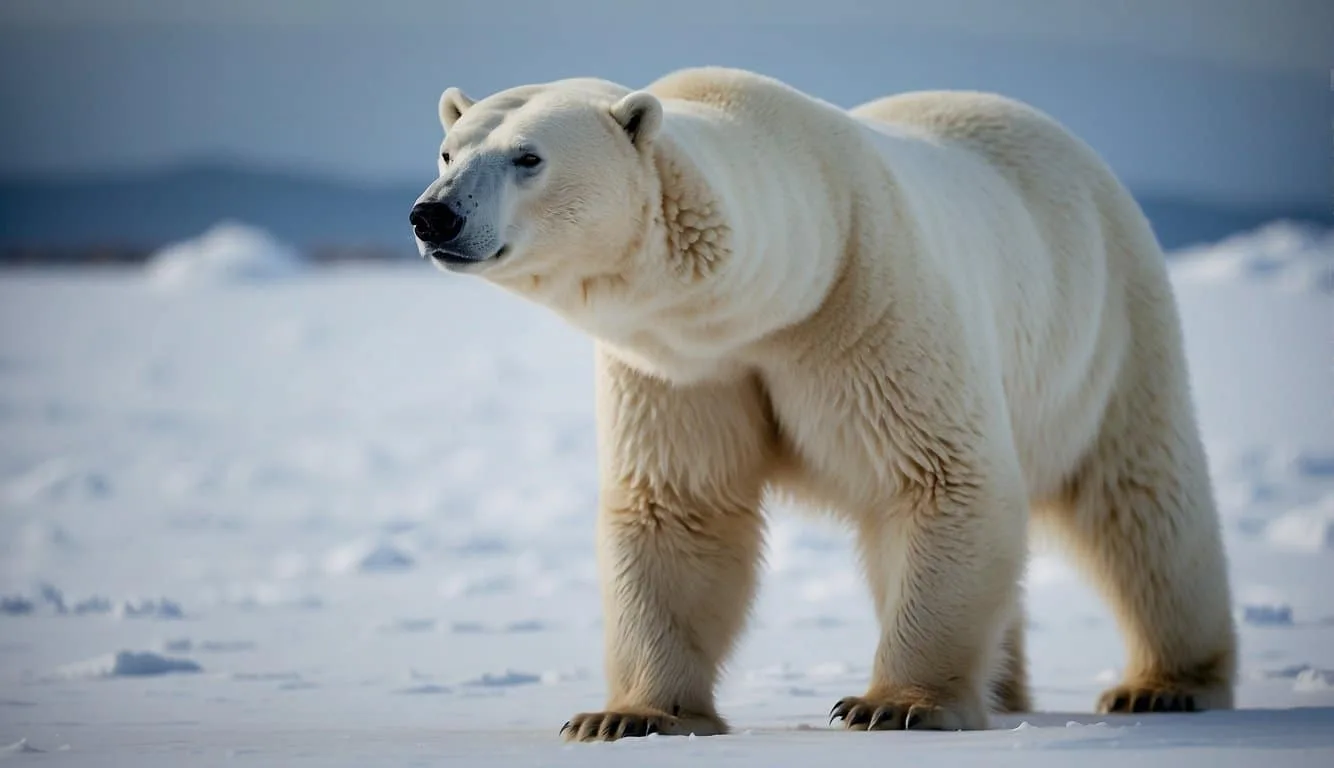 A polar bear roams the icy tundra, its massive form blending into the snowy landscape. The bear's sharp claws leave deep tracks in the snow as it searches for food