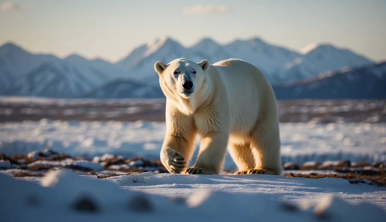 Polar bears roam icy tundra, with snow-capped mountains in the distance and a vast, frozen ocean stretching out to the horizon