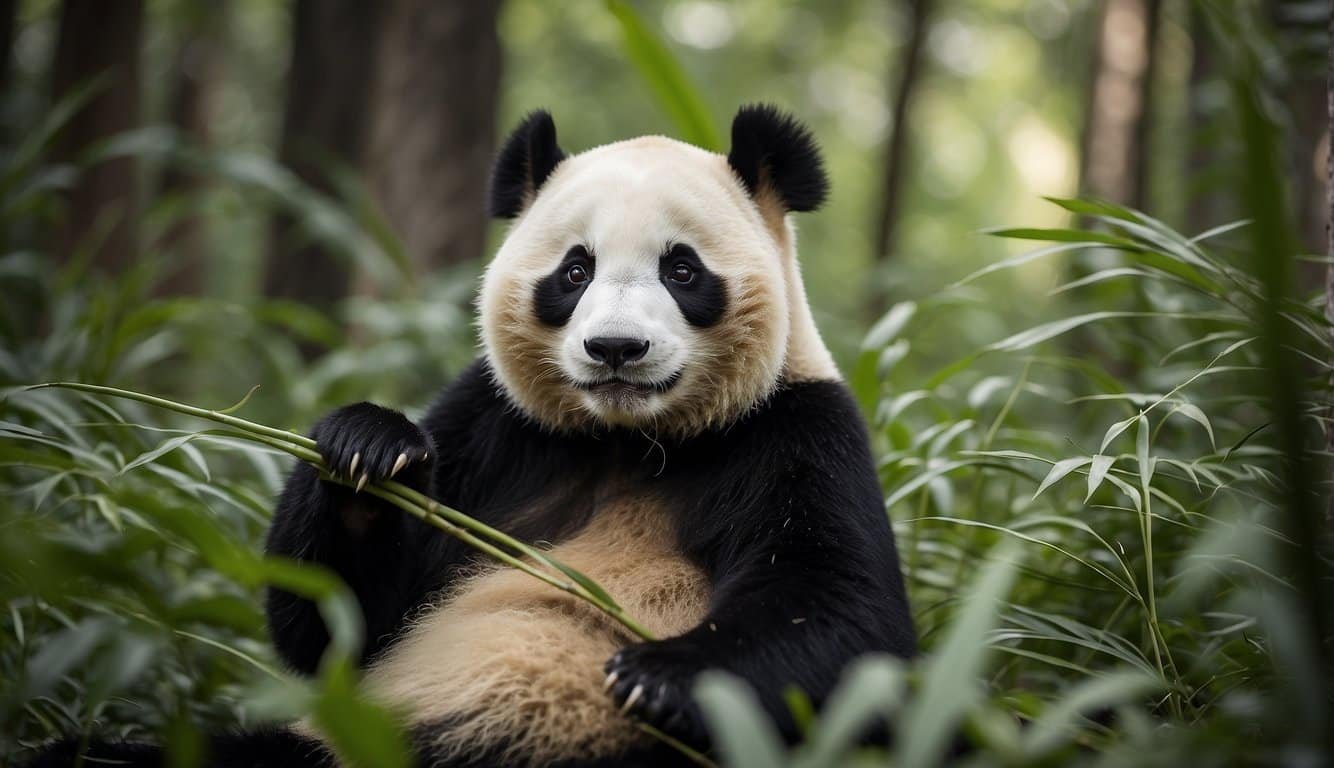 A panda with black and white fur, eating bamboo peacefully in a lush green forest