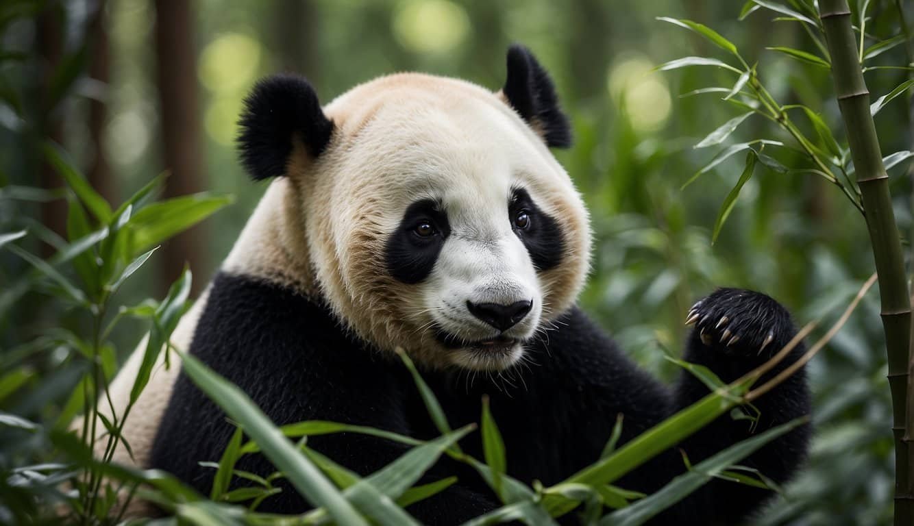 A panda is eating bamboo in a lush forest, while another panda is seen mating in the background