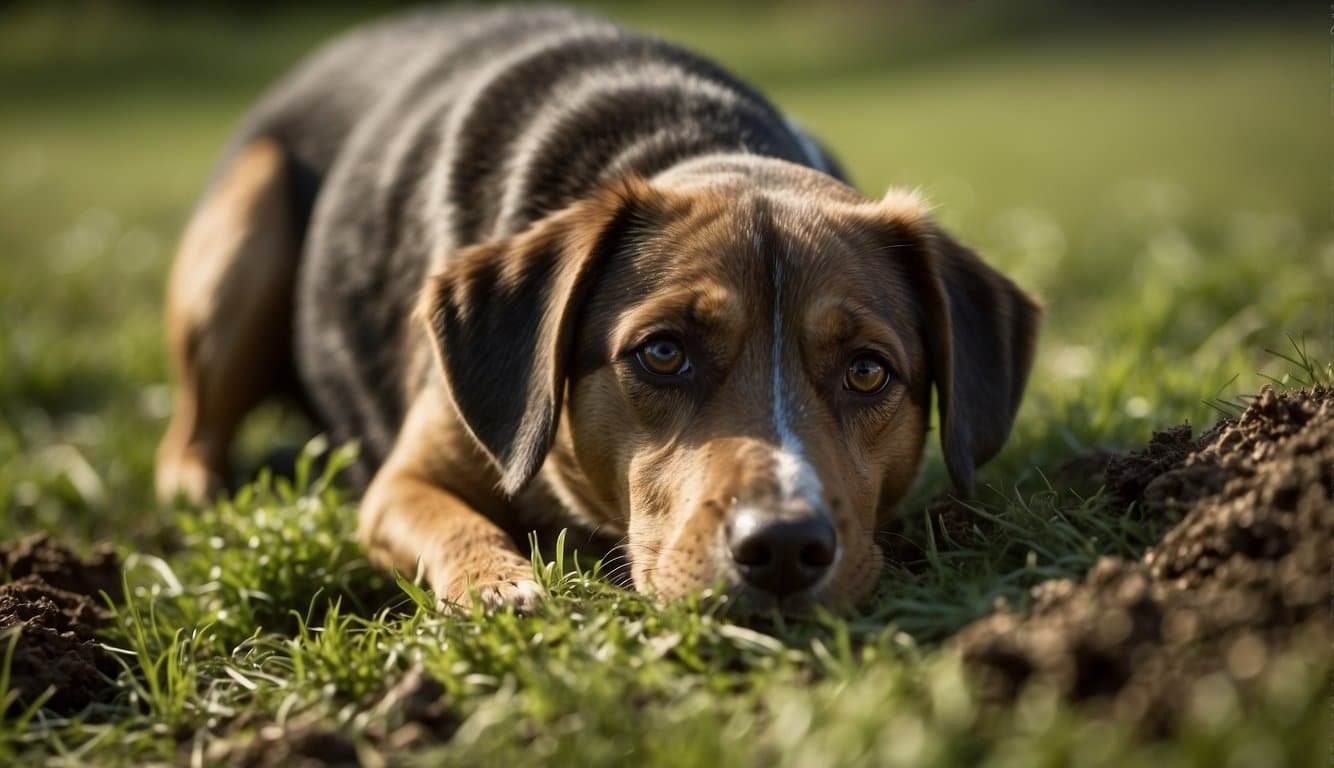 A dog sniffs at a pile of feces in the grass, its tail wagging eagerly.</p><p>The dog then leans down and begins to eat the poop