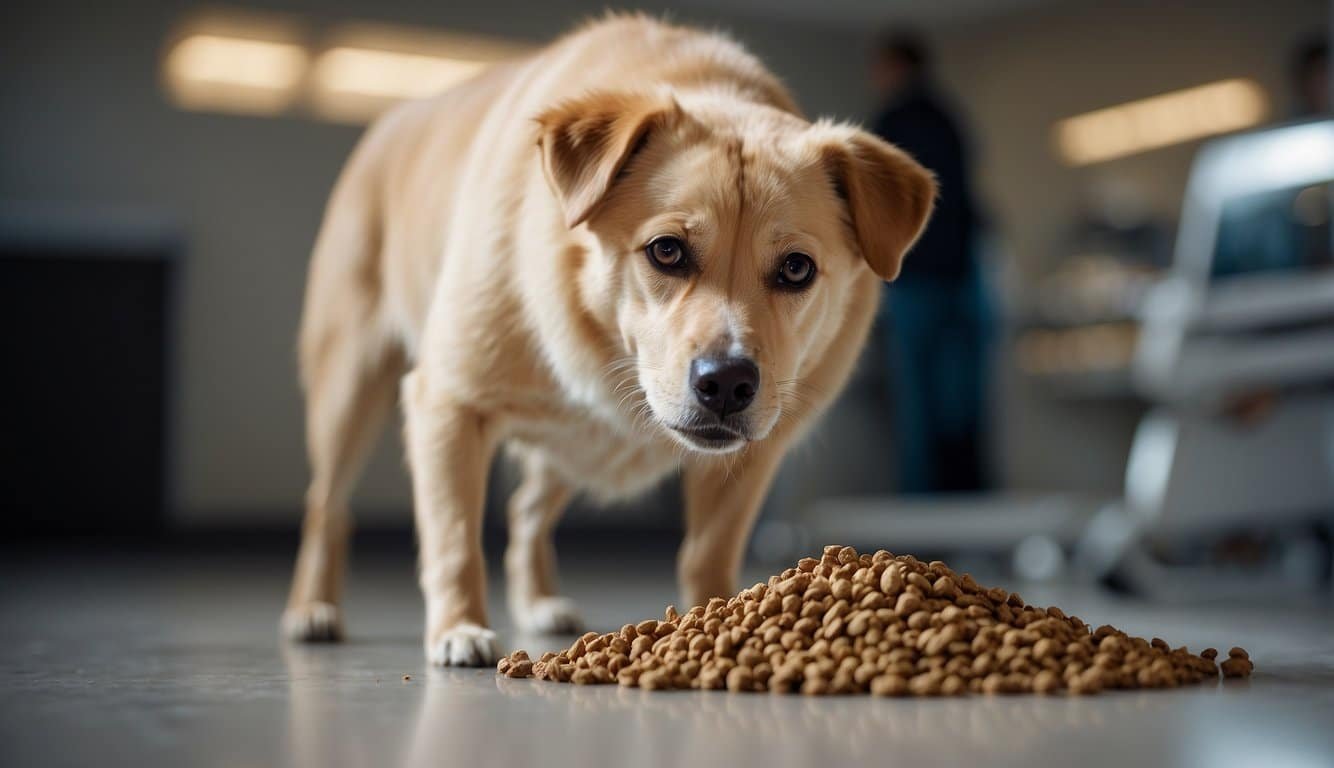 A dog sniffing and eating its own feces while a veterinarian advises on dietary strategies