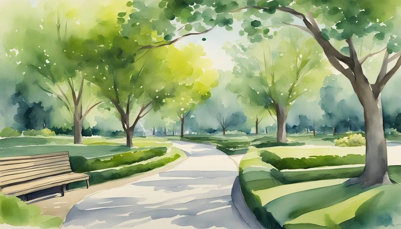 A lush green park with winding paths, dotted with benches and trees. A clear blue sky and a gentle breeze create a serene atmosphere for walking