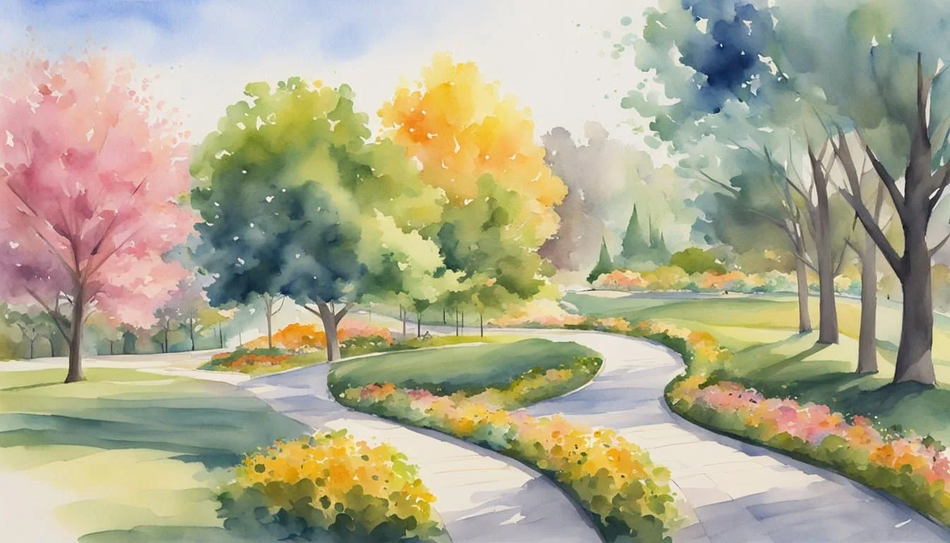 A winding path through a vibrant park, with trees, benches, and a clear path for walking. A signpost indicates "10000 steps" with a cheerful sun shining overhead