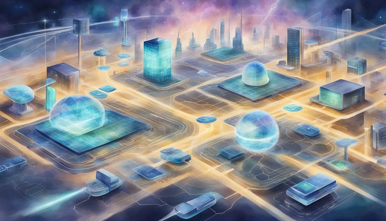An array of futuristic devices and infrastructure, showcasing seamless connectivity and lightning-fast data transfer, symbolizing the cutting-edge capabilities of 6G technology