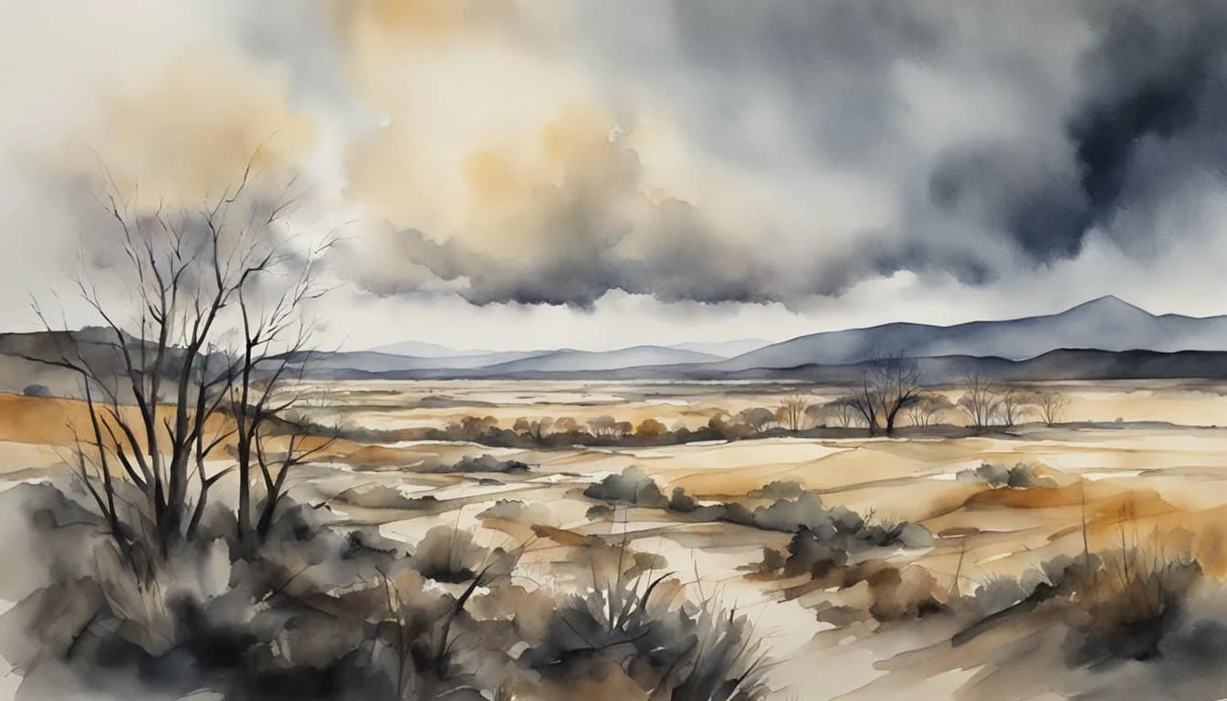 Dark clouds loom over a barren landscape. Trees and plants are withered, and water bodies appear polluted. Buildings and structures show signs of erosion