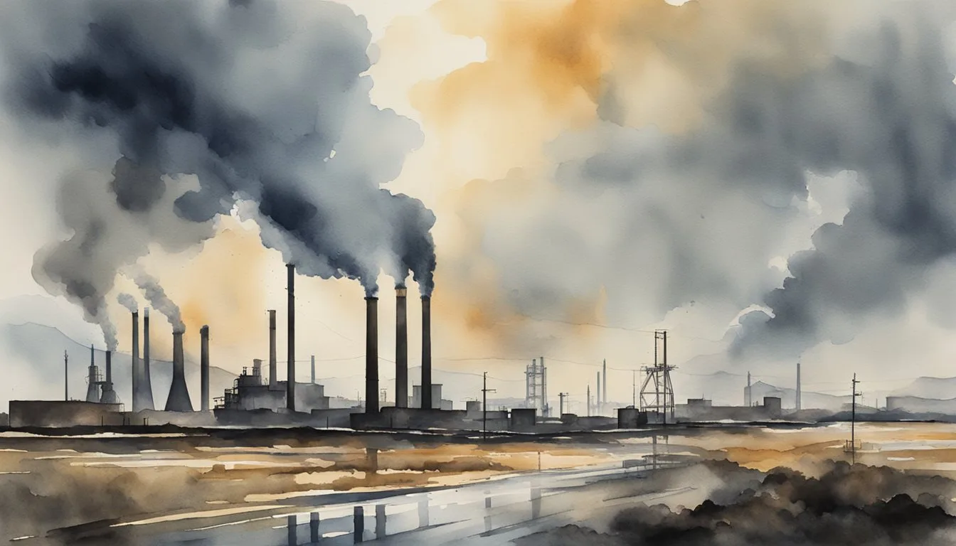 Dark clouds loom over industrial smokestacks. Rain falls on barren, damaged landscapes. Governments enact strict environmental regulations