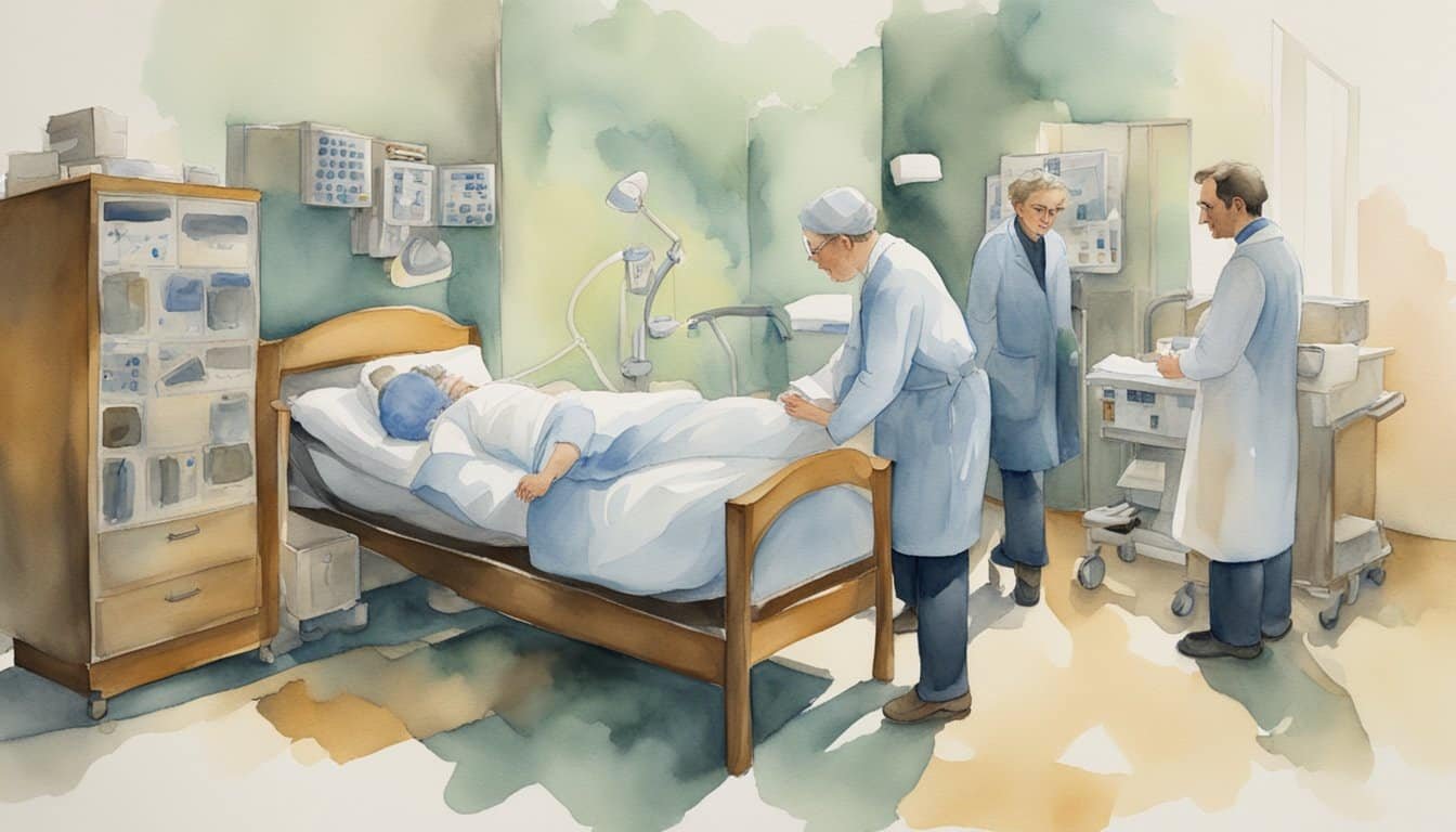 A person lies in bed, thrashing and kicking, surrounded by medical equipment and a concerned doctor