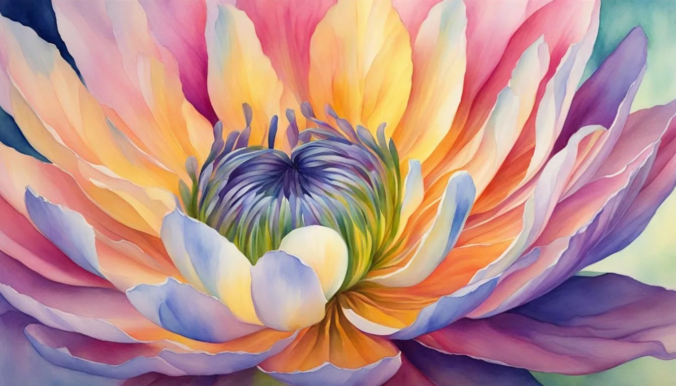 A glowing, vibrant flower blooming in reverse, shedding petals and regaining its youthful appearance