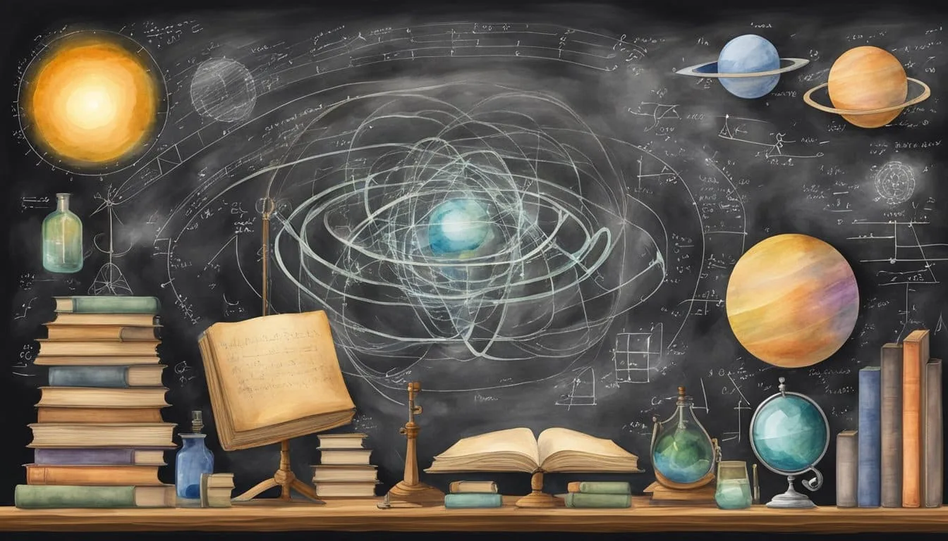 Einstein's theory of relativity, depicted through a chalkboard filled with complex equations and diagrams, surrounded by books and scientific instruments