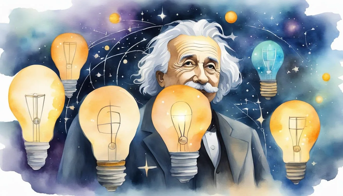 Einstein's theories shaping the universe, with equations and formulas floating around a glowing lightbulb, symbolizing his impact on science and society