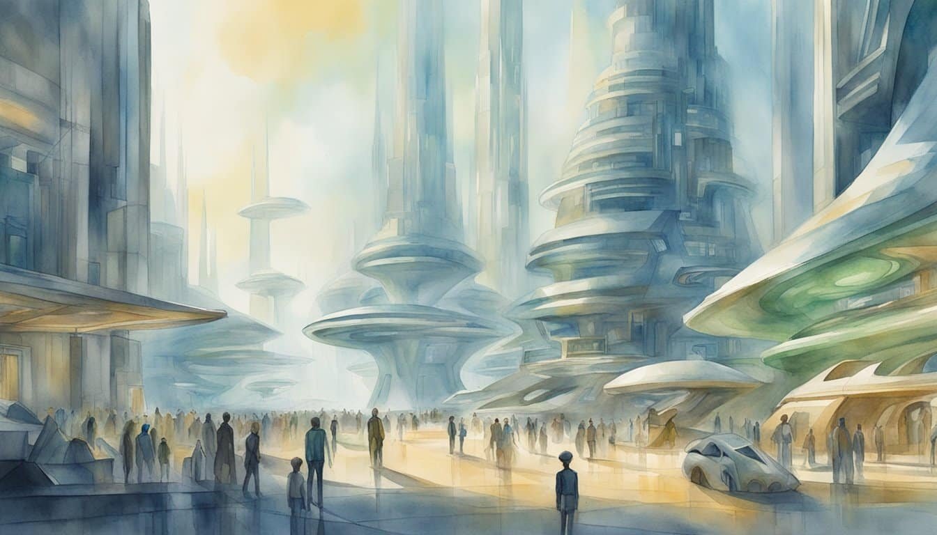 Alien beings gather in a futuristic city, their otherworldly structures and technology hinting at an advanced society