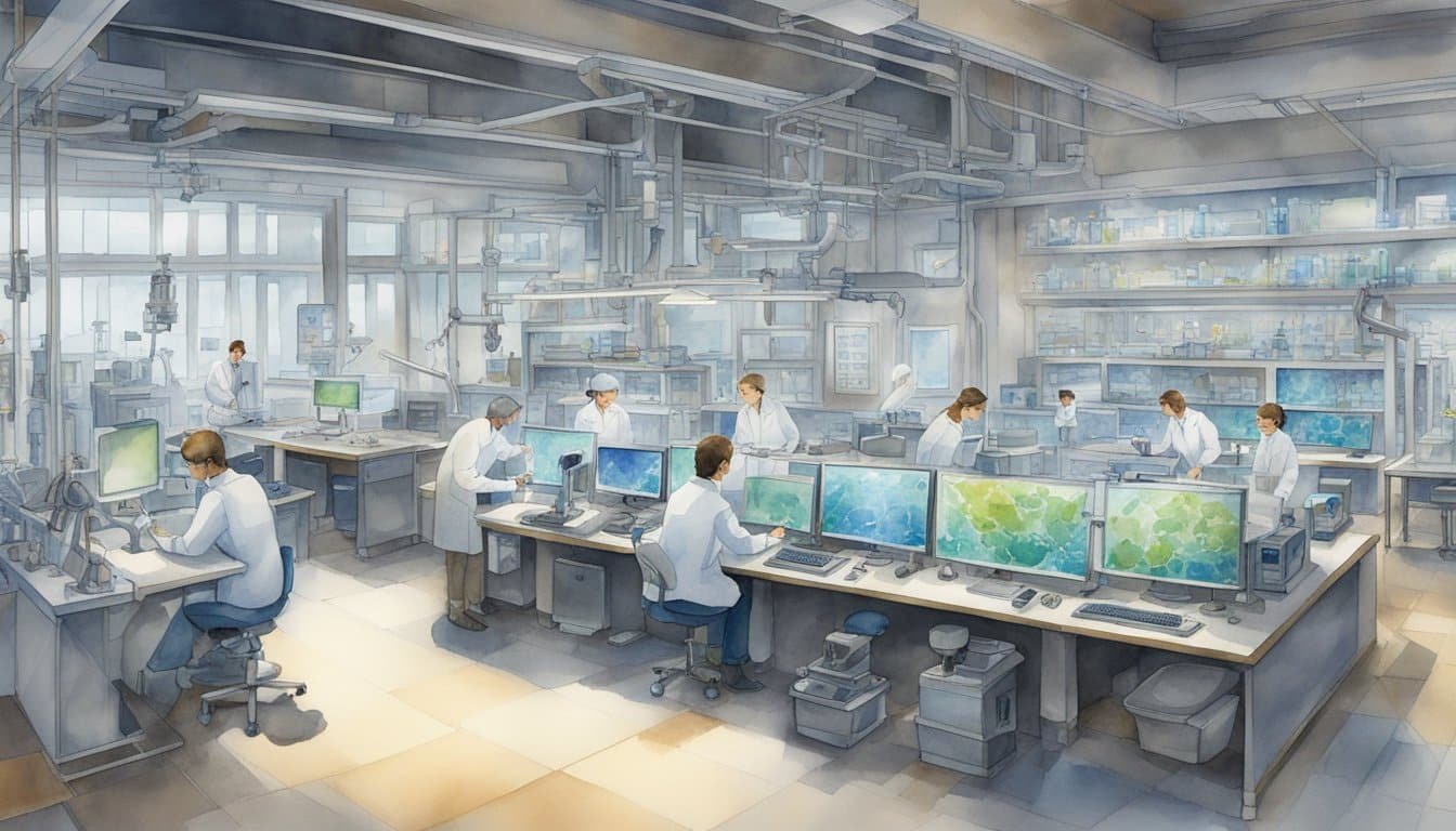 The laboratory is filled with computer screens and scientists analyzing data, while a robotic arm carefully handles a protein model