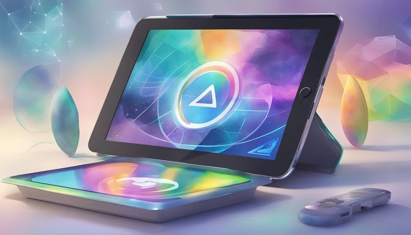 Alphafold logo displayed on a futuristic tablet, with various applications and future possibilities showcased in holographic form