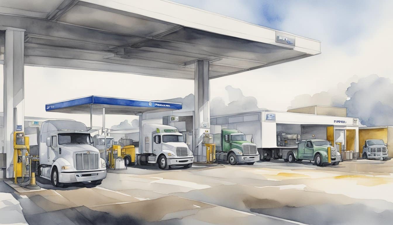 A large, modern fueling station with trucks and cars being refueled with clear, colorless ammonia