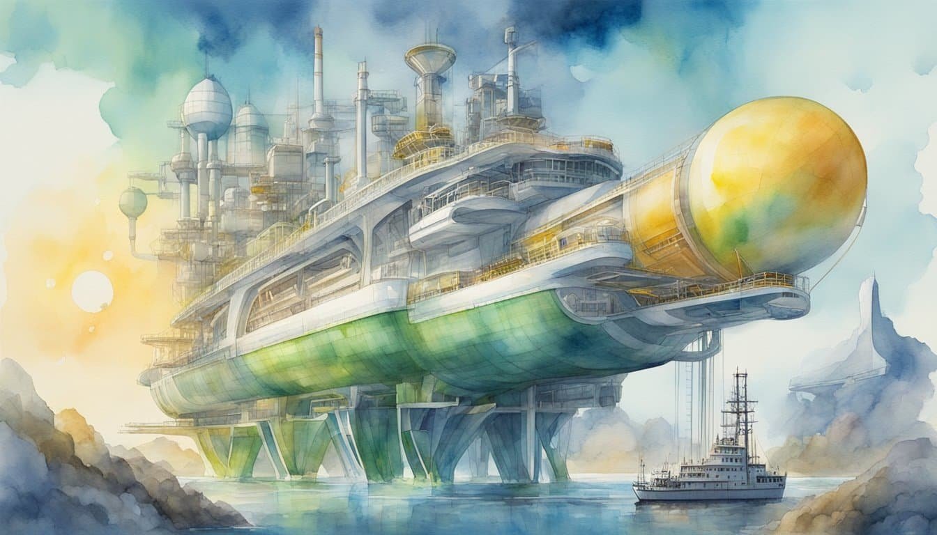 Ammonia fueling a futuristic ship, surrounded by renewable energy sources and global landmarks