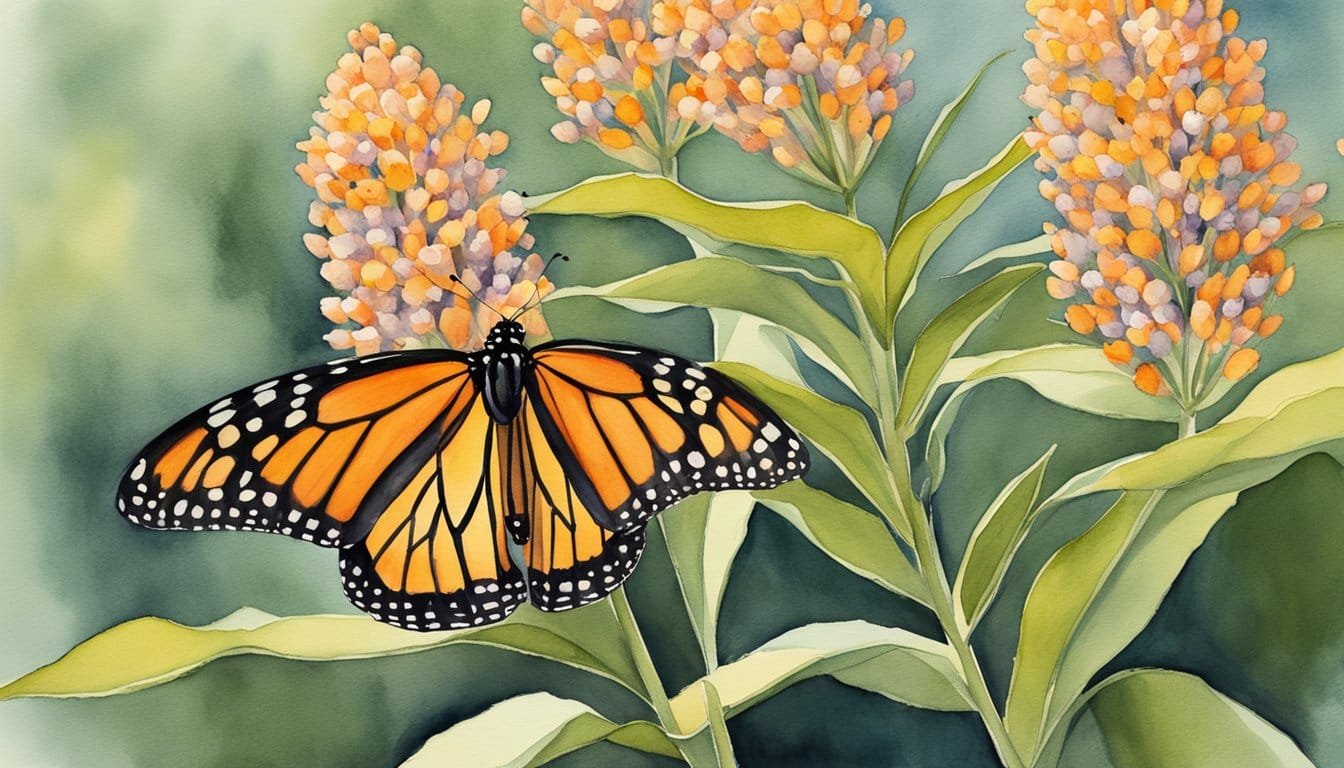 A monarch butterfly perches on a milkweed plant, displaying its vibrant orange and black wings