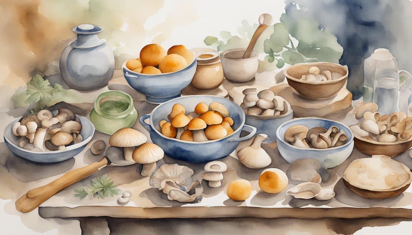 A table set with various types of mushrooms, surrounded by cooking utensils and cultural artifacts from different regions