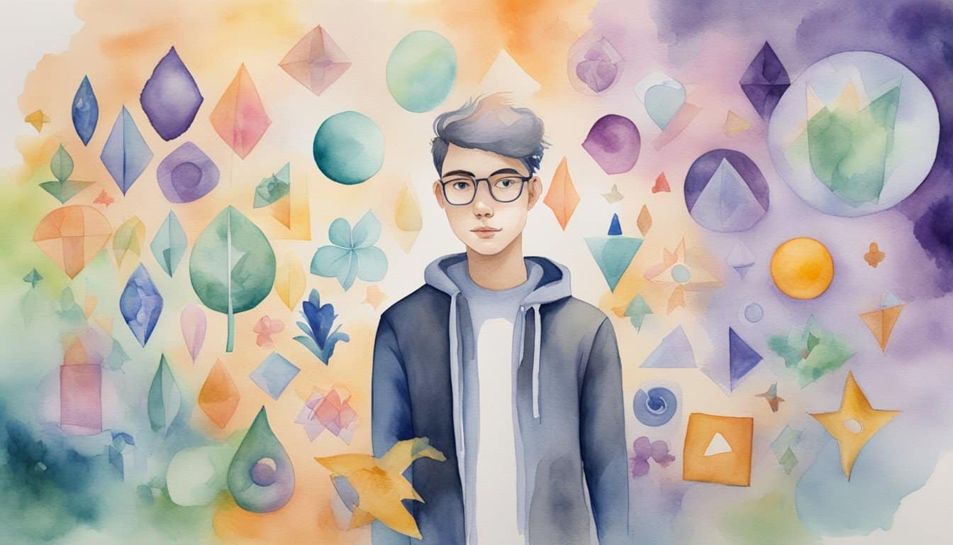 An asexual individual surrounded by diverse symbols of self-expression and identity