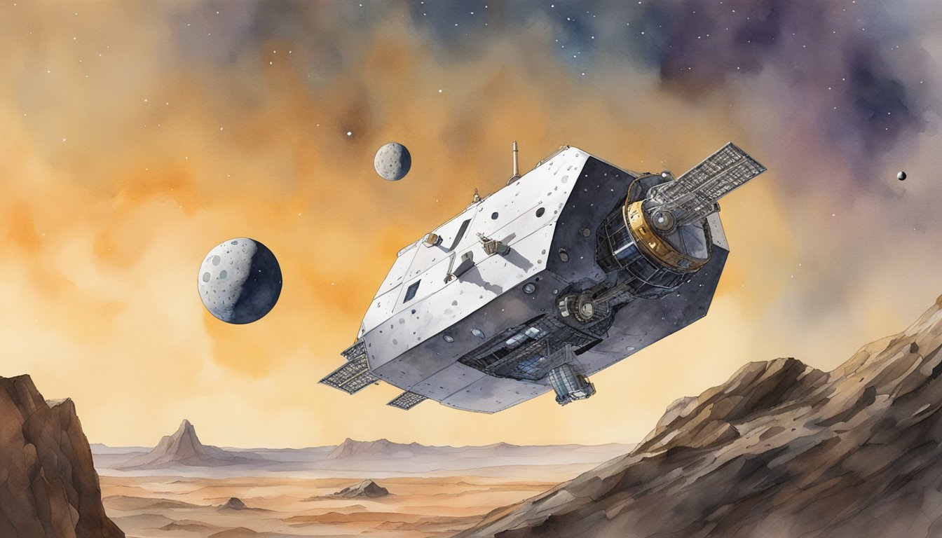 A spacecraft hovers near a rugged asteroid, its surface pockmarked with craters.</p><p>A robotic arm extends from the craft, collecting samples for analysis