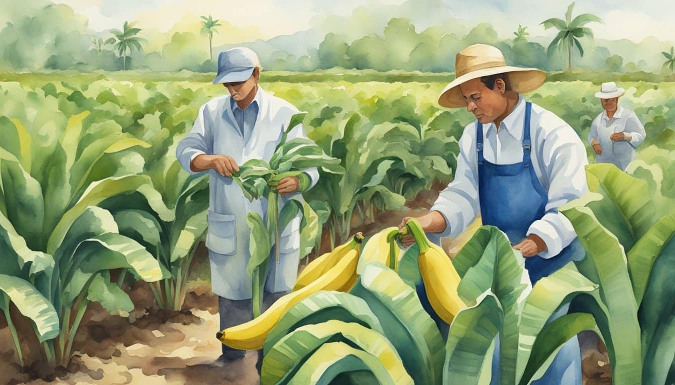 A farmer sprays pesticide on a banana plantation, while nearby, scientists examine genetically modified banana plants for disease resistance