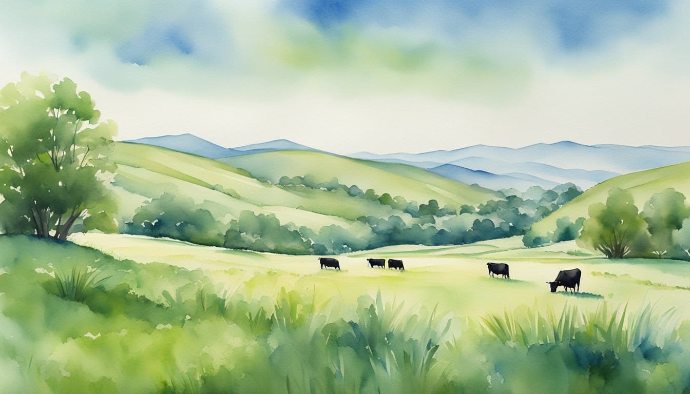 Lush green pasture with tall, thick grass.</p><p>Cows grazing contentedly, surrounded by rolling hills and clear blue skies