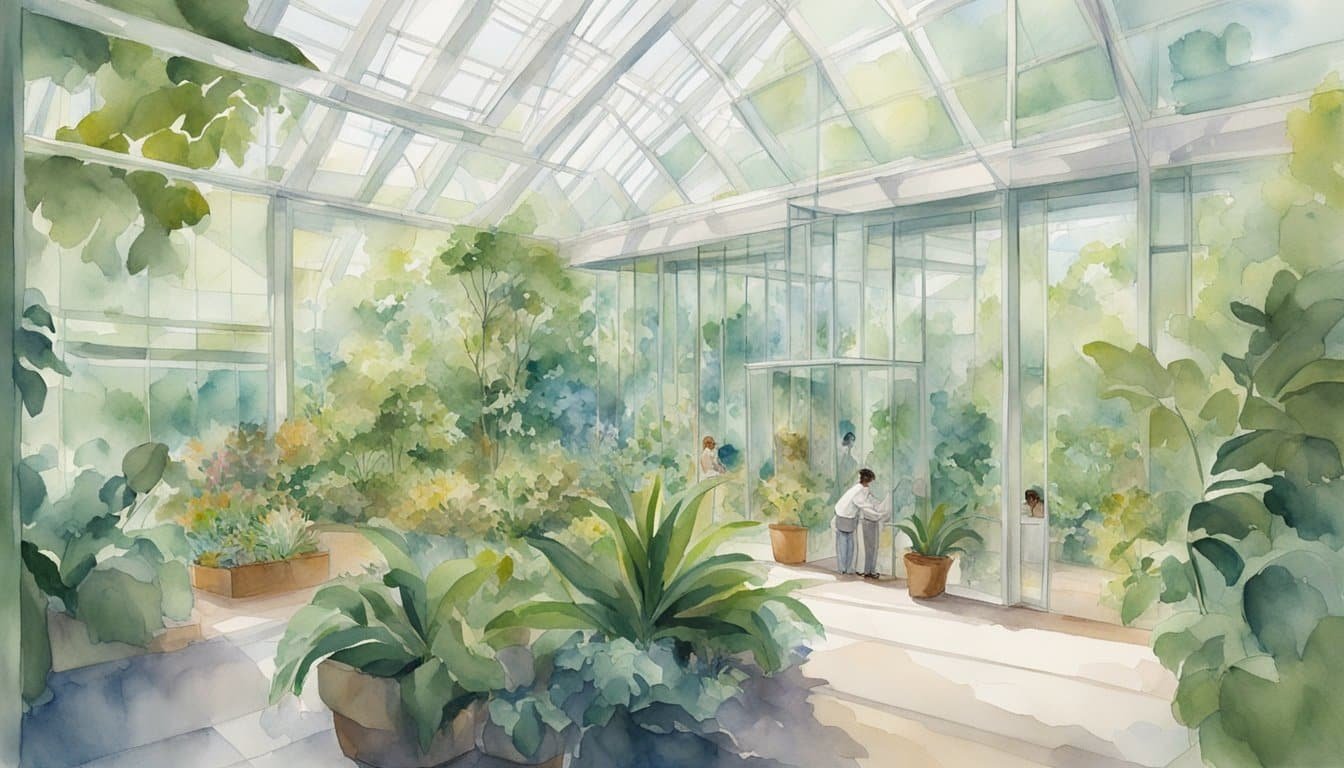 Lush greenery and diverse plant life thrive within the glass enclosure of Biosphere 2, while scientists carefully monitor the delicate balance of the ecosystem