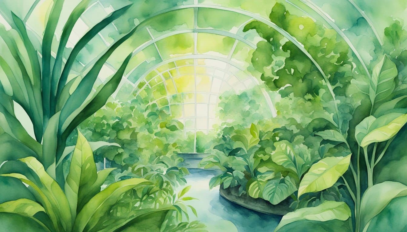 Lush green plants thrive inside Biosphere 2, as water circulates through the mini-ecosystem, sustaining life and creating a vibrant, self-contained world