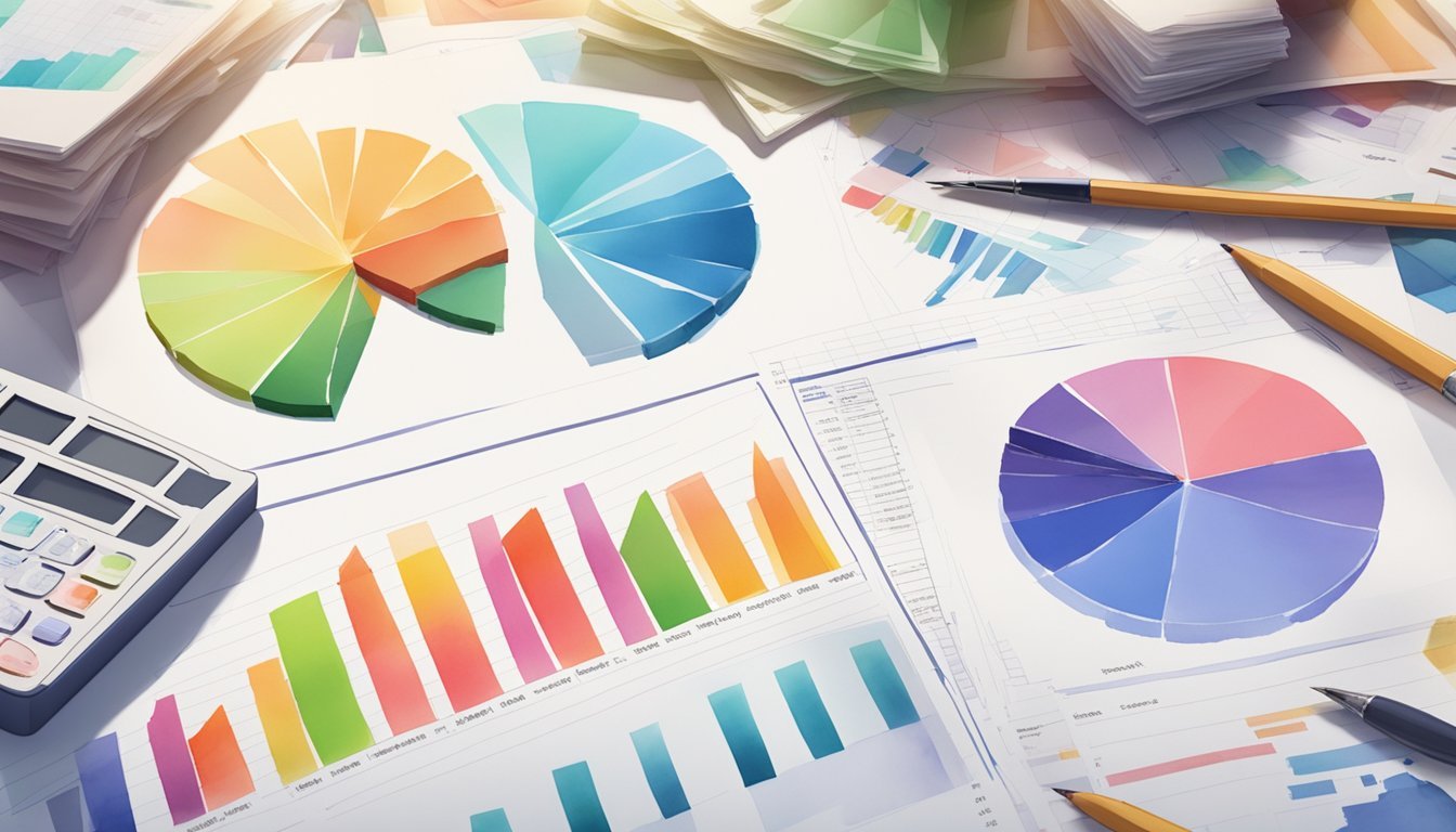 A stack of statistics articles arranged on a desk, with charts and graphs scattered around