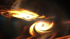 Artistic rendition of binary black holes merging.