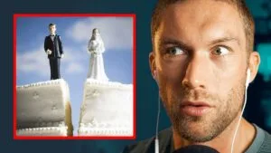 Man surprised by split wedding cake toppers.