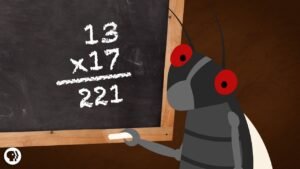 Animated insect teaching multiplication on chalkboard.