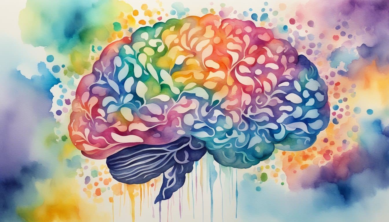 Colorful watercolor brain illustration with abstract background.