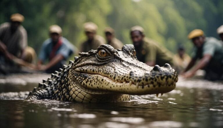 Caiman with people in background in natural habitat.