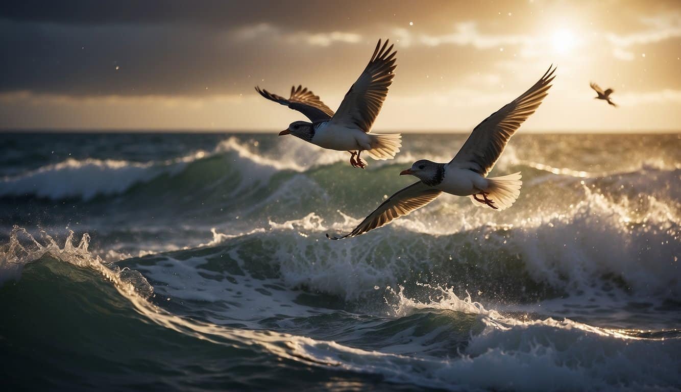 Seagulls flying over ocean waves at sunset.