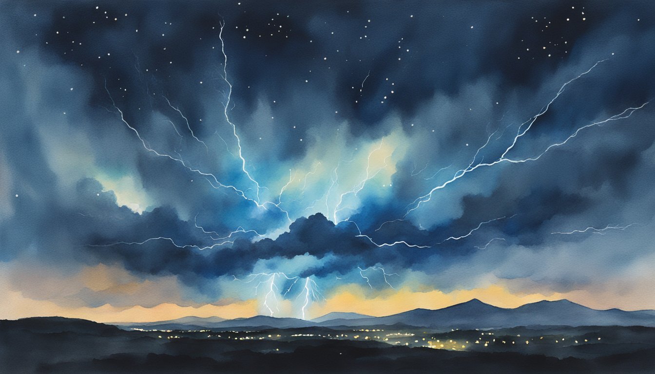 A bright blue jet of lightning streaks across the dark sky, illuminating the clouds with its electric glow