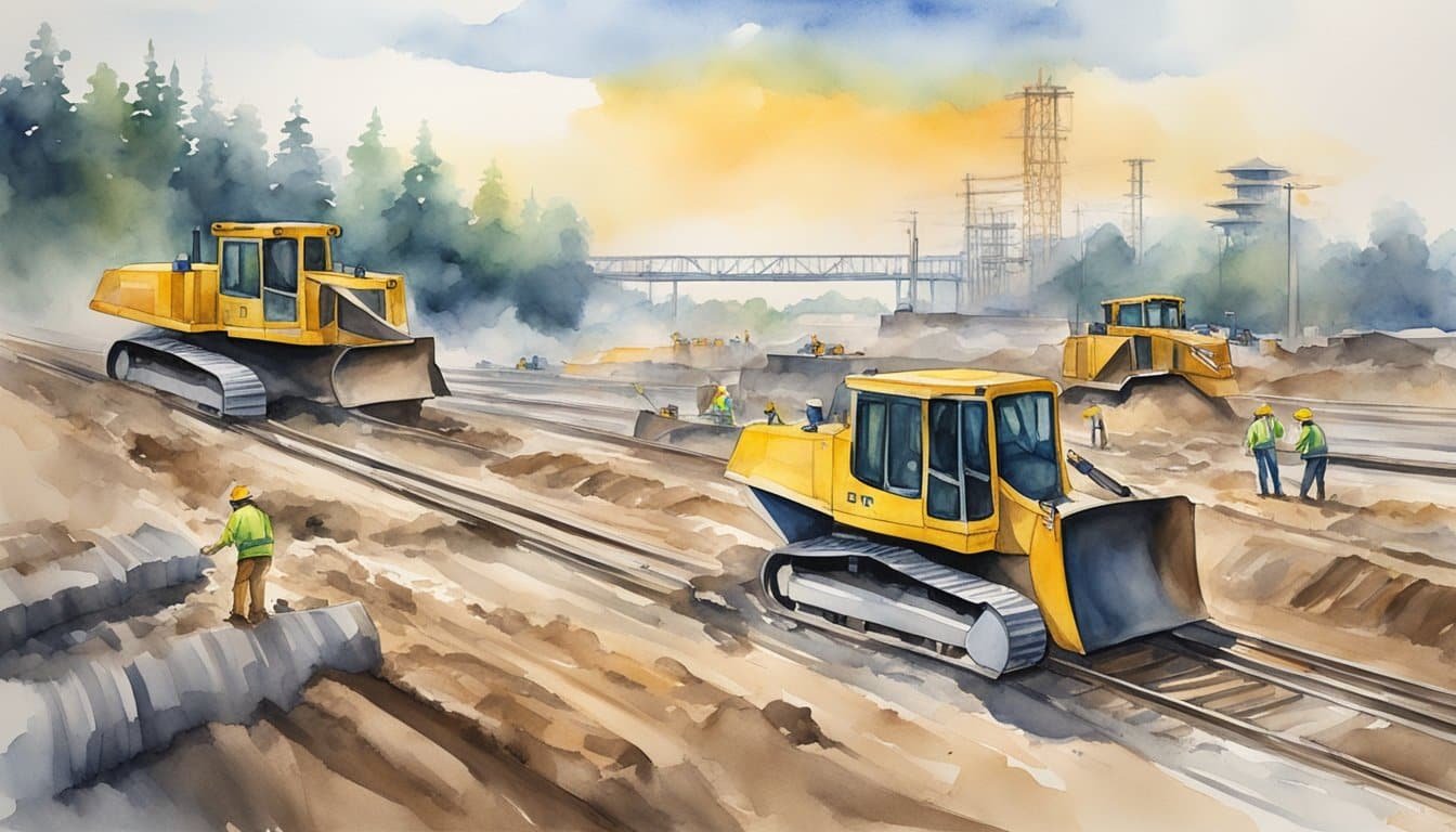 Bulldozers clear land for bullet train tracks in the USA, while workers lay down infrastructure and engineers tackle financing challenges