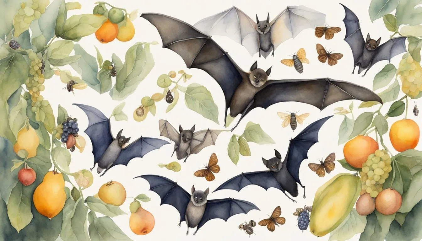 Bats of various species hang upside down, surrounded by insects, fruits, and nectar. They use their echolocation to navigate and locate their preferred diets