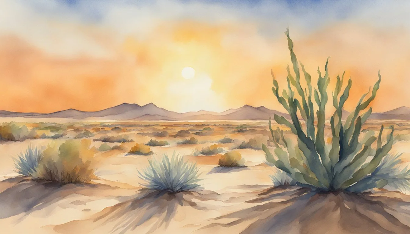The scorching sun beats down on a barren desert landscape, causing the air to ripple with heat waves. A thermometer reads a high temperature, while a wilted plant droops in the sweltering heat