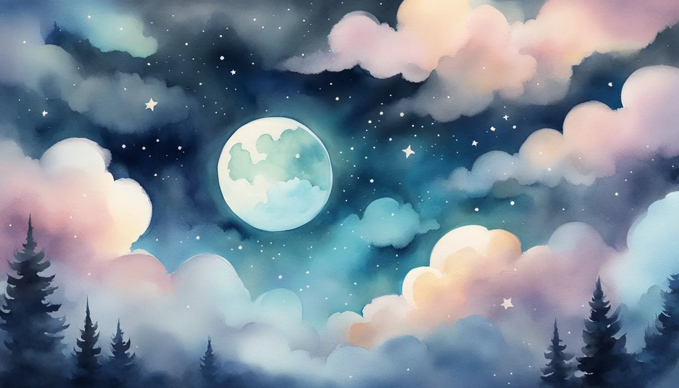 A serene night sky with a glowing moon and twinkling stars, surrounded by swirling clouds and a sense of tranquility