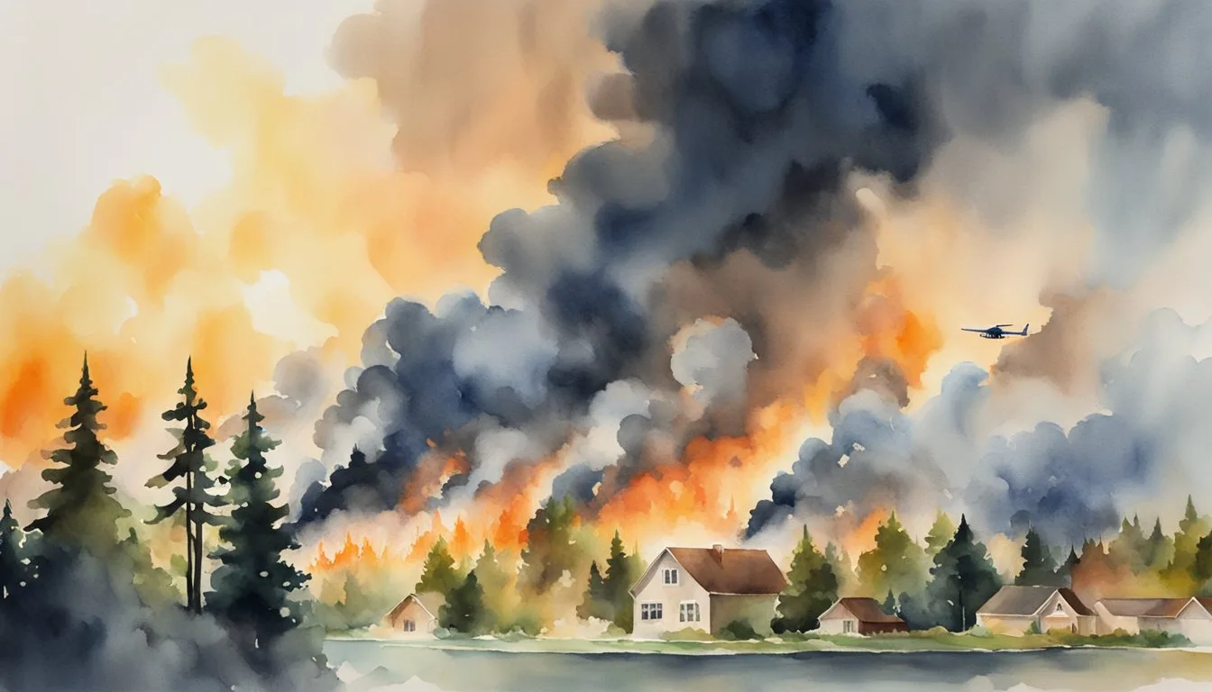 Thick smoke billows from raging wildfires in Canada, as trees and homes are engulfed in flames. Emergency responders and aircraft rush to contain the inferno