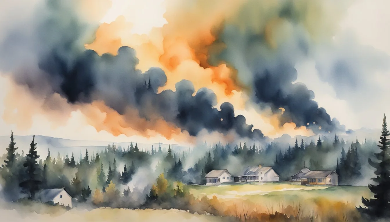 Thick smoke billows from raging wildfires in Canada, as flames consume the forest and homes in 2024