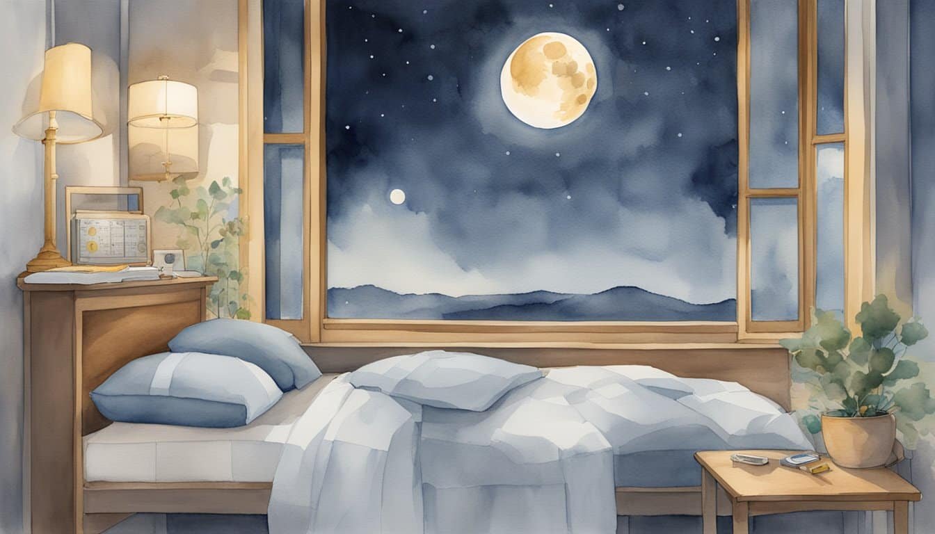 The full moon illuminates a tranquil sleeping environment, with a lunar phase chart and sleep monitoring equipment displayed nearby