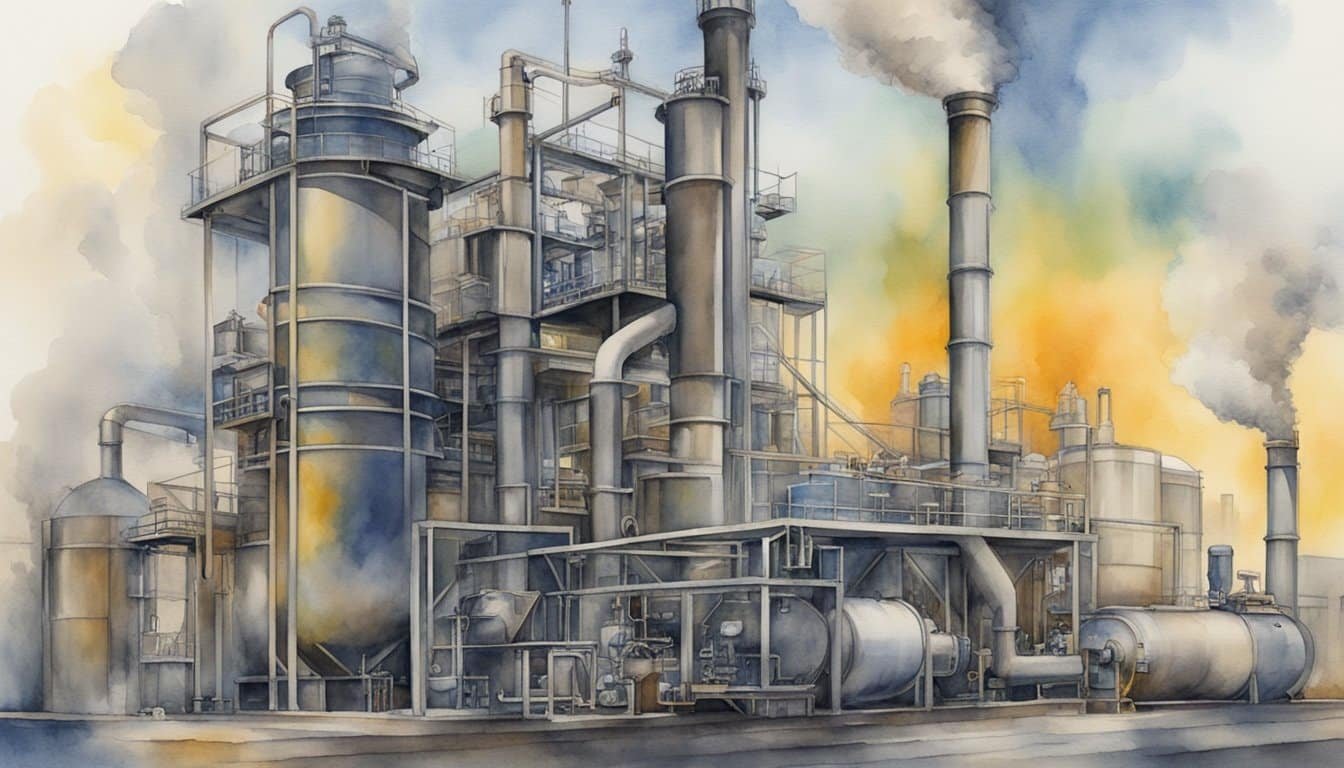 Industrial machinery mixing chemicals, releasing steam, and producing chemical reactions.</p><p>Environmental catalysts purifying air and water, reducing pollution