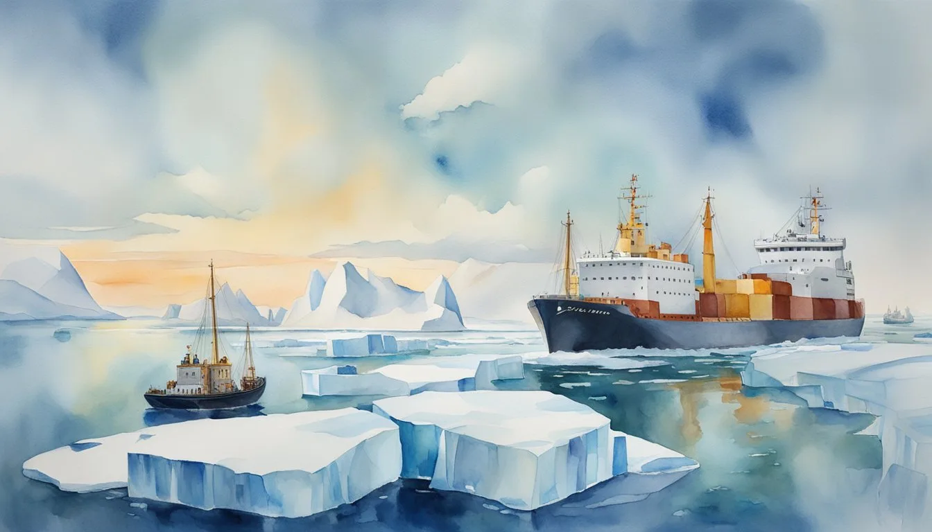 China and Russia collaborate on Arctic shipping routes, balancing economic gains with environmental impact. Ice-breaking ships navigate through melting ice, while polar bears and seals watch from a distance