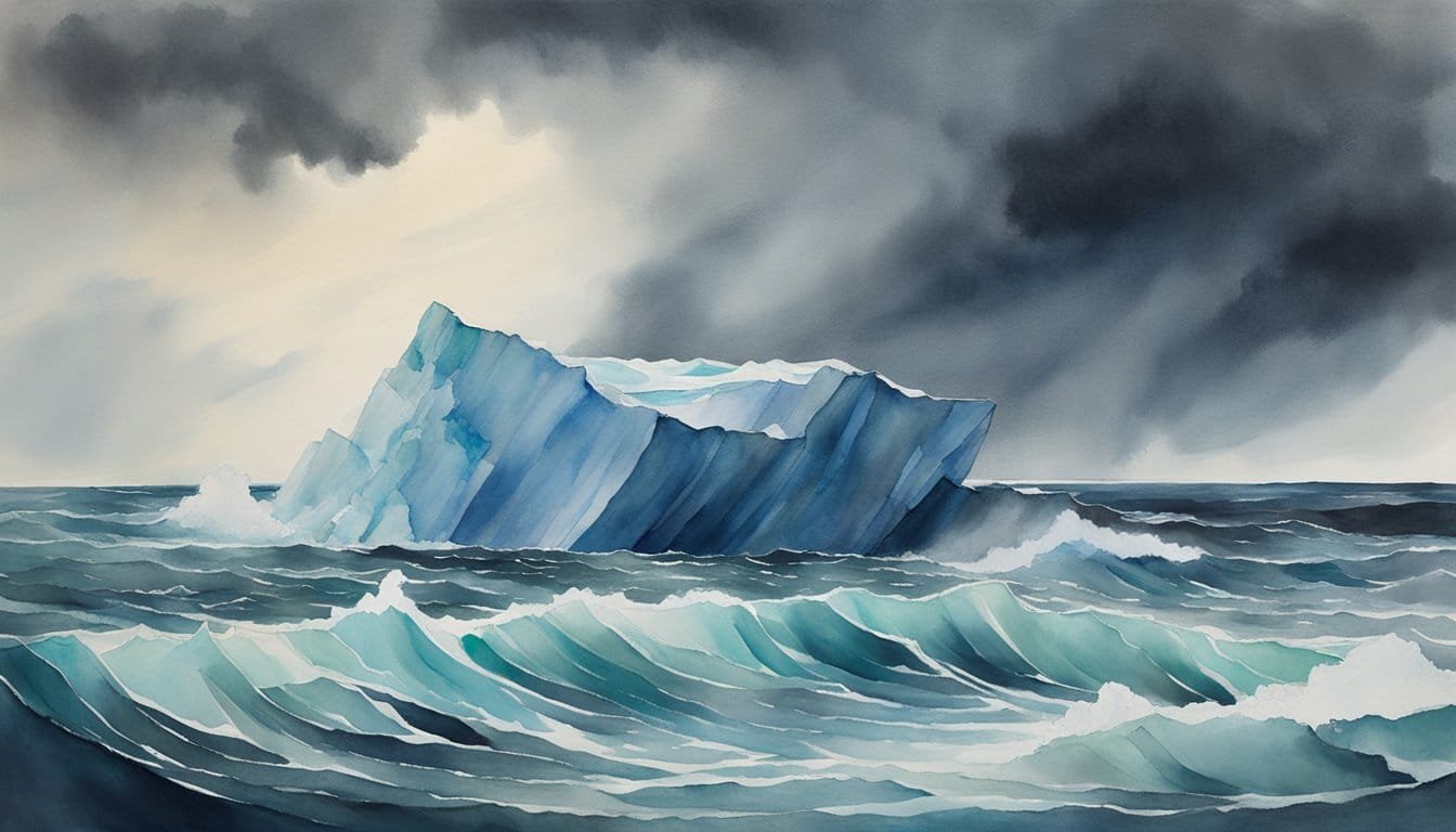 A vast, stormy ocean with dark clouds looming overhead, a fragile iceberg on the brink of collapse, and a team of scientists working to stabilize it