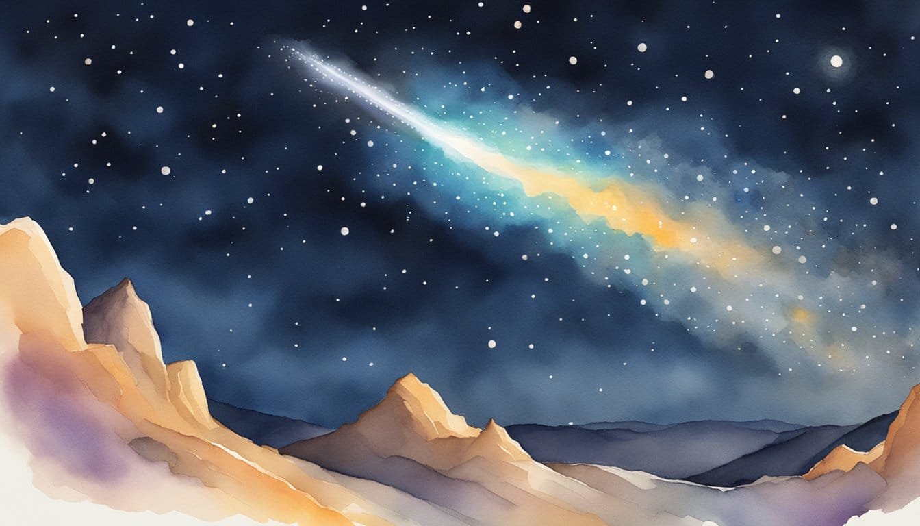 A bright comet streaks across the night sky, leaving a glowing tail in its wake as it passes by a backdrop of distant stars and planets