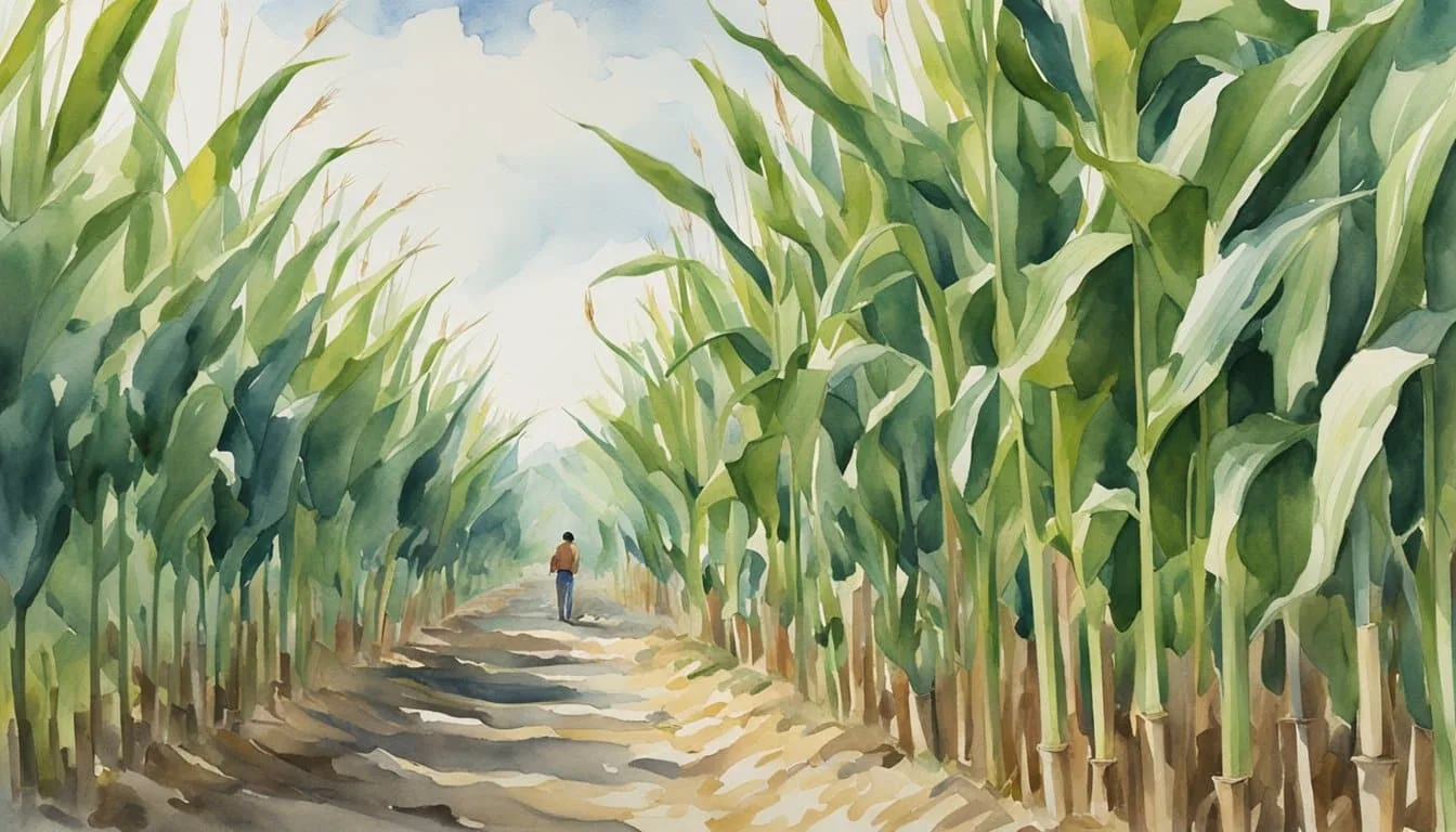 Lush green cornfields stretch to the horizon, with rows of tall stalks swaying in the breeze. A bustling market is filled with farmers and buyers trading corn