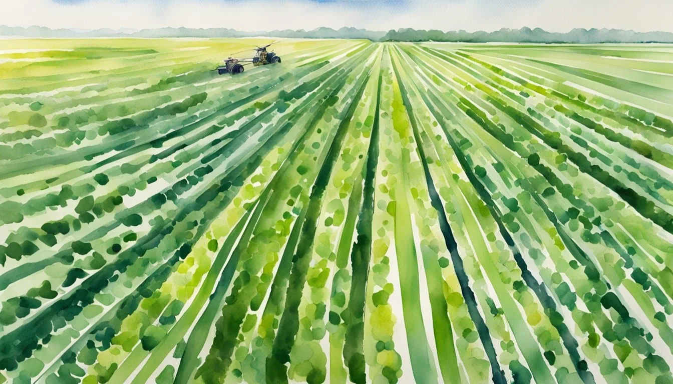 Lush green fields of corn stretch to the horizon, with precision planting and irrigation equipment visible. A drone hovers above, monitoring crop health and yield
